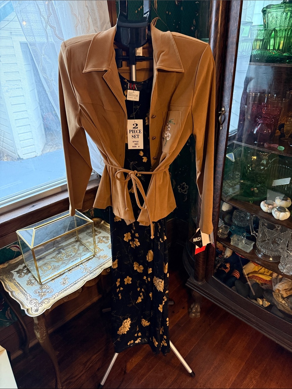 Vintage NWT R&K Black Floral Dress with Embroidered Faux Suede Blazer Set